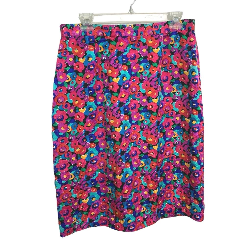 Carolyne Barton Vintage 100% Silk Below Knee Floral Skirt Size 14